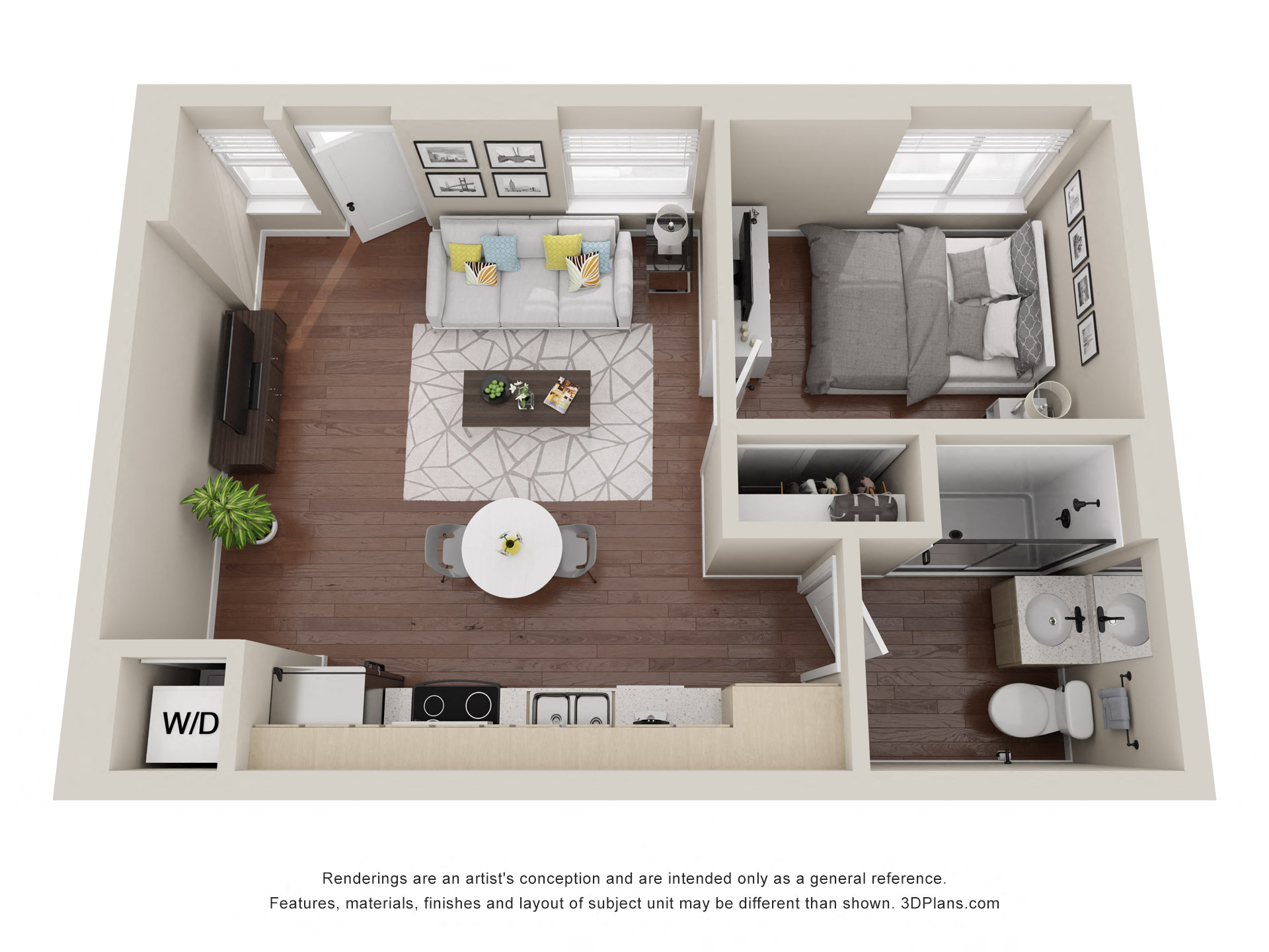 Floor plan for 1 bed, 1 bath, 444 sqft